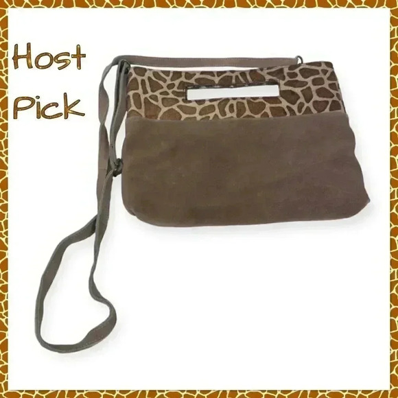 🔥Host Pick🔥NWT Anthropologie suede leather tan giraffe print Clutch with strap - Picture 1 of 10
